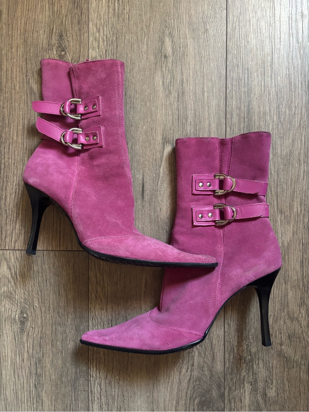 Women's Pink Suede Pointed-Toe Ankle Boots with Buckle Straps